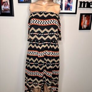 bebe Strapless Black Aztec Print Dress with Orange & Cream Accents